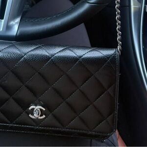 CHANEL Black Quilted Leather Crossbody with Silver Chain
